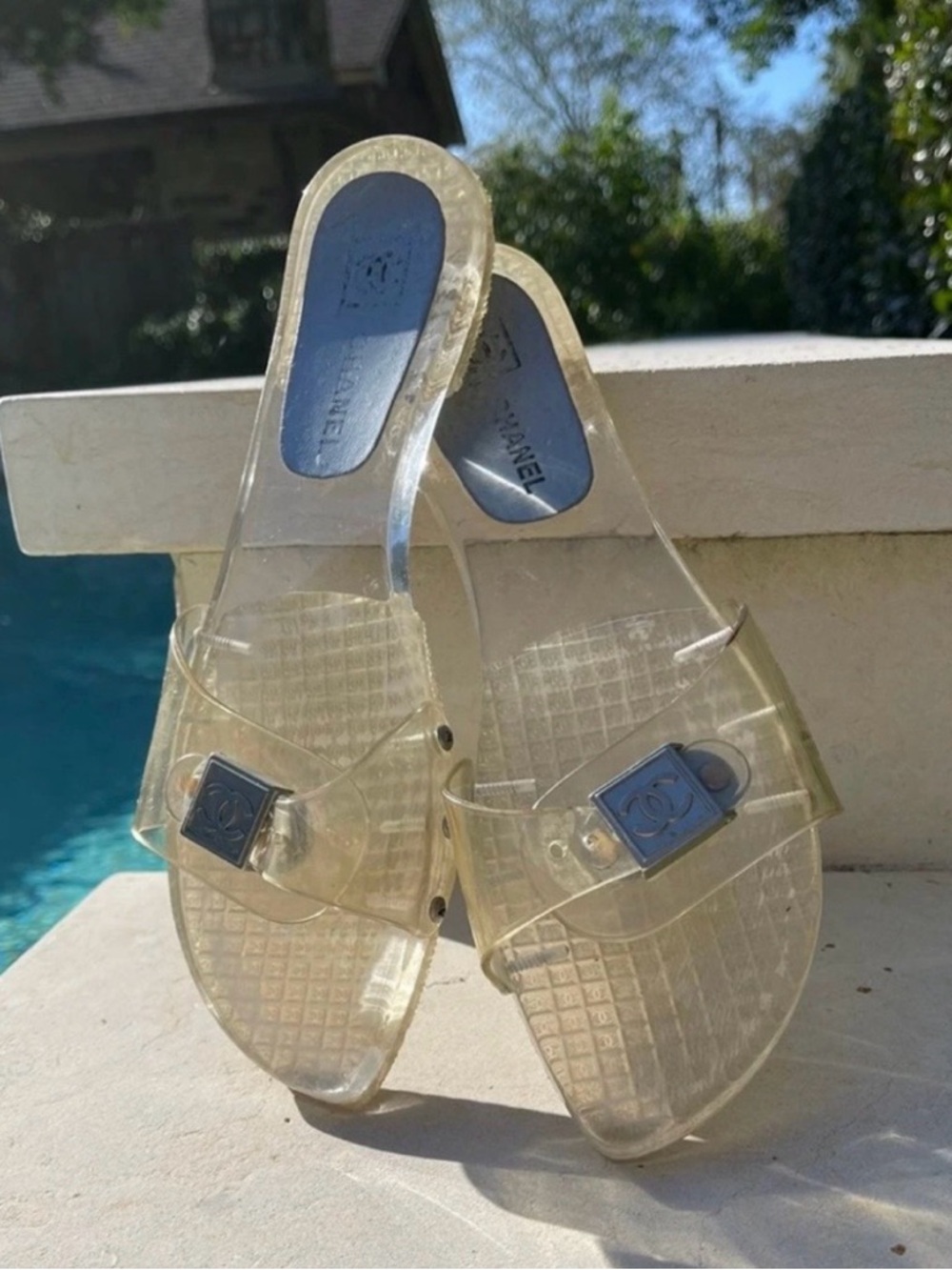 AUTHENTIC CHANEL Clear Slide Sandals with Silver Logo Plaque